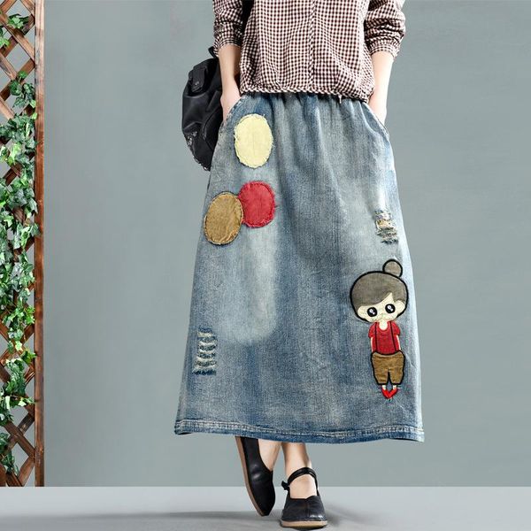 

skirts spring autumn vintage embroidered womens elastic waist cute cartoon pattern patchwork pocket loose casual jeans skirt, Black