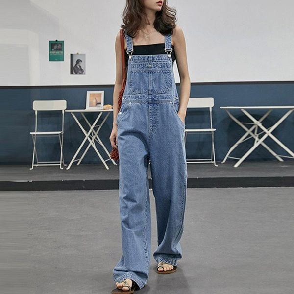

korean japan style straight women jumpsuit loose wide section denim overalls school hip hop streetwear casual cute slim leg pants, Black;white