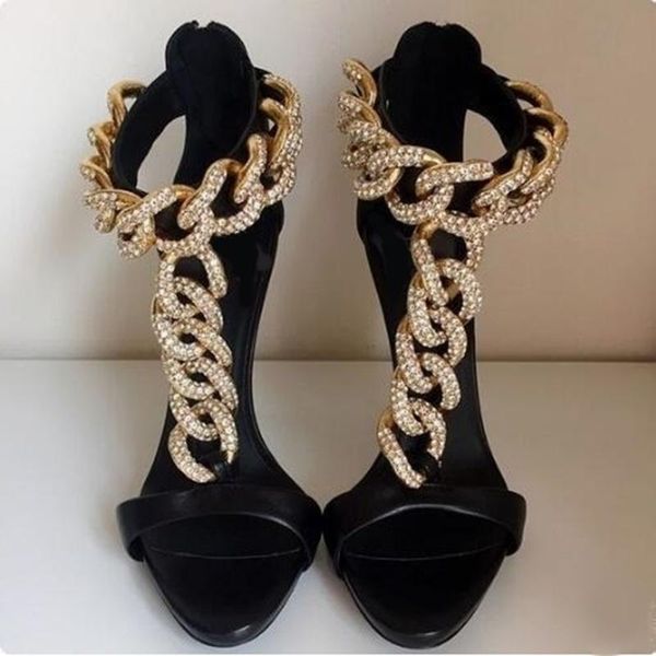 

dress shoes yue jabon t-strap chain high heel sandals gold metal studded gladiator heels women peep toe cut-out black