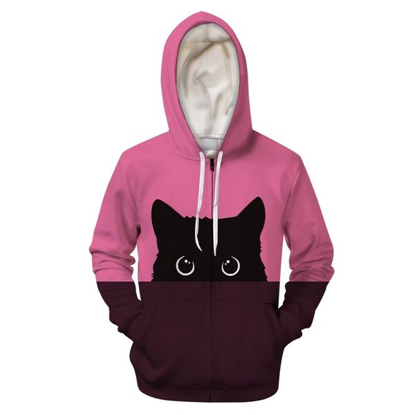 

two color cat cartoon shirt men's and women's 3d cat printed zipper sweater, Black