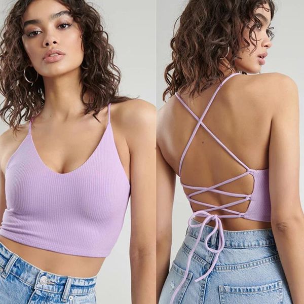 

women's tanks & camis women summer backless bandage lace up crop 2021 fashion female, White