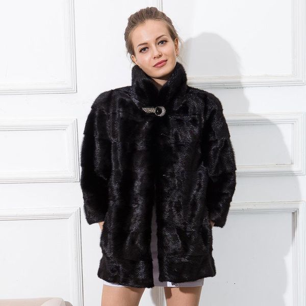 

women's fur & faux cnegovik short real mink coat stand collar 70cm, Black