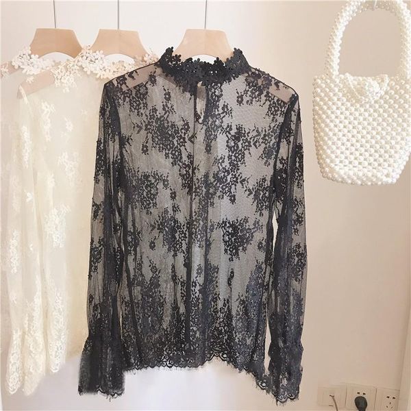 

female shirt fashion sweet hollow out lace bottoming shirts mesh perspective solid blouse women's blouses &, White