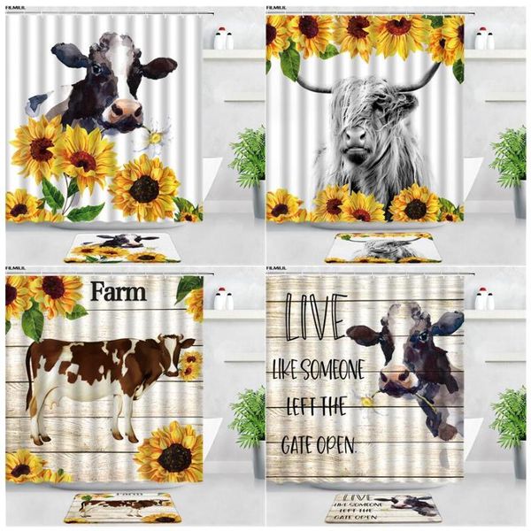 

shower curtains sunflower farm animals cattle bath mats set yellow flowers height cow home decor bathroom non-slip rugs door pad