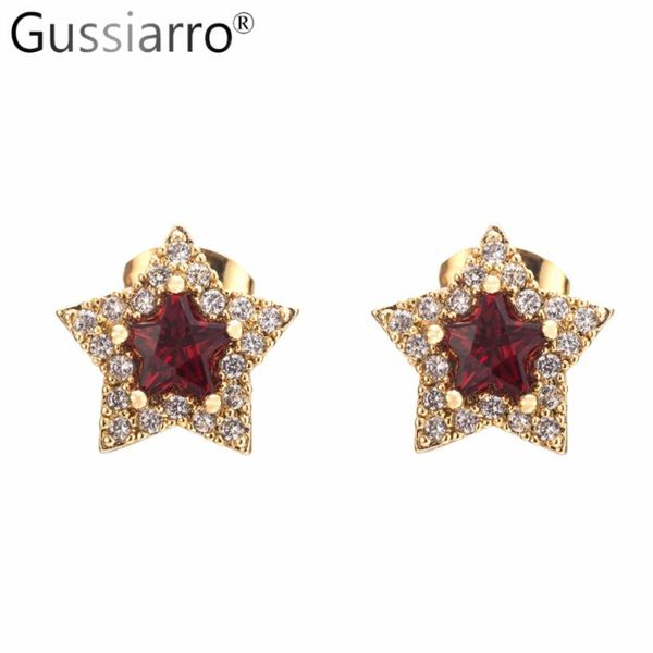 

stud gussiarro genuine gold color stackable star earrings for women sparkling clear red cz authentic brand jewelry, Golden;silver