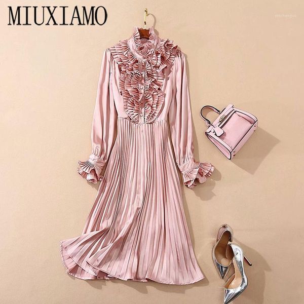 

casual dresses miuximao 2021 fall dress long sleeve abstract three dimensional flower pleating vintage mid-calf blue pleated women, Black;gray