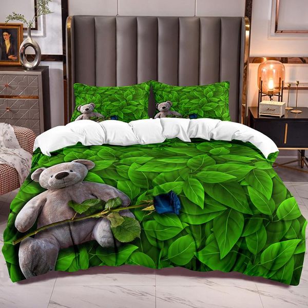 

bedding sets duvet cover botanical green leaves and bear doll pattern comforter with blue rose quilt plants theme