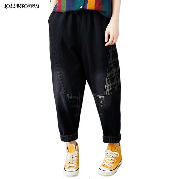 

women's jeans women plaid patchwork black elastic waist ankle length ladies loose denim pants checkered pattern womens casual, Blue
