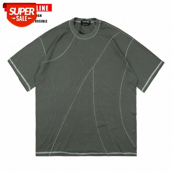 

streetwear men dark european and american high street open line short-sleeved t-shirt women oversize hip-hop tide brand half-sleeved b #on5r, White;black