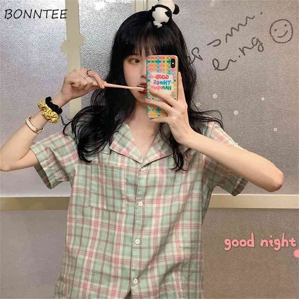 

pajama sets women new summer chic french plaid single breasted lovely girls 2 piece sleepwear short sleeve sweet ladies homewear, Black;red