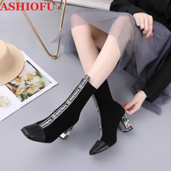 

boots ashiofu bhdnal handmade ladies real-pics classic party black ankle booties crystals heels evening fashion