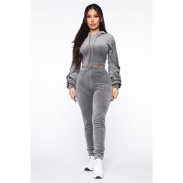 

women's tracksuits women long sleeve hoodie sweatshirt pants 2 pieces sweatshirts crop trousers autumn stretch clothes, Gray