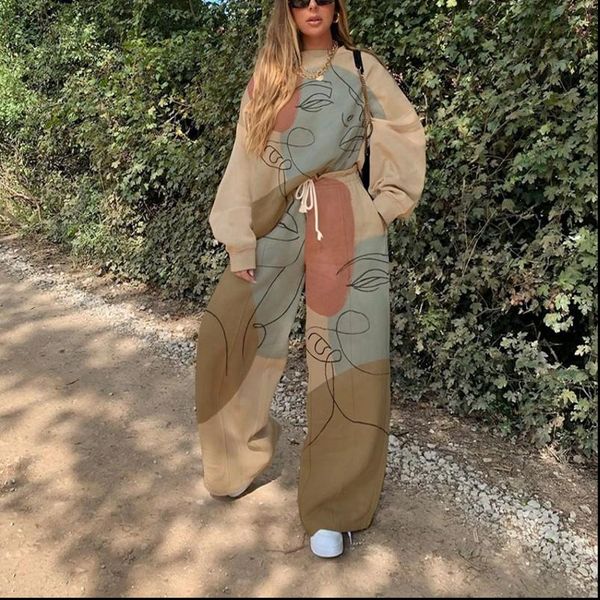

hohl african clothing autumn womens pants winter o neck printing suit two pieces set fashion loose print pullover dresser, White