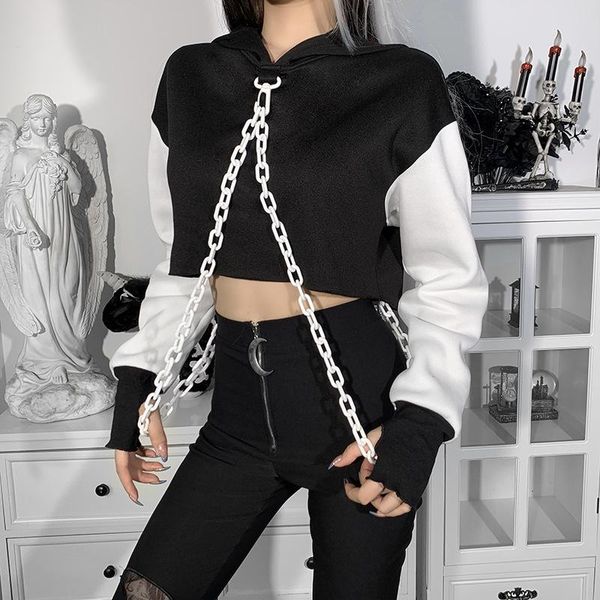 

women's hoodies & sweatshirts punk sweatshirt harajuku hit color chain long-sleeved cropped casual stitching pullover hoodie y2k gothic, Black