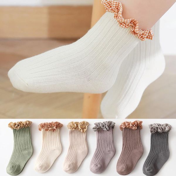 

spring socks for girls children 0-8 years with ruffle toddler kids children's cotton lace white, Pink;yellow