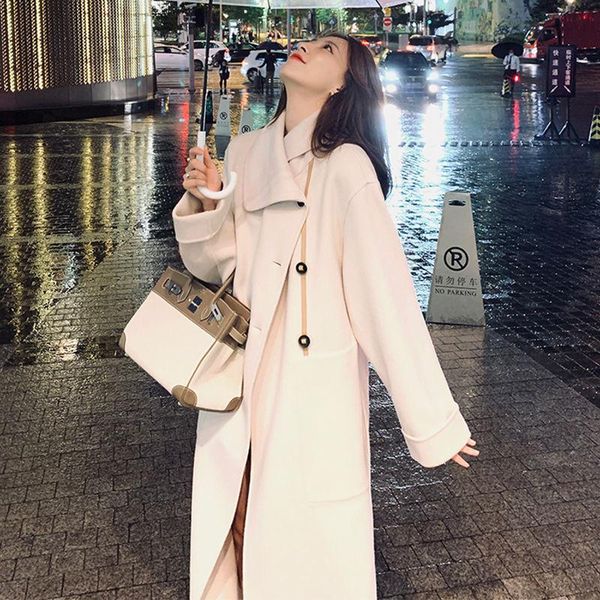 

women's wool & blends 2021 women autumn winter long double-sided woolen coats female turn down collar jackets ladies solid warm outwear, Black