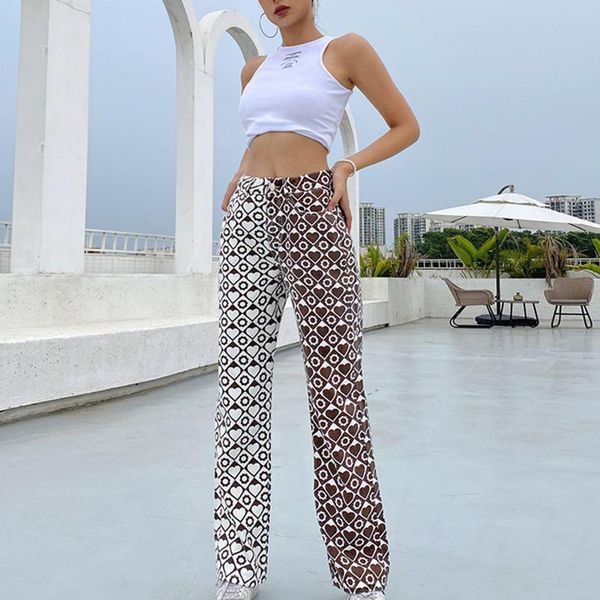 

women's leggings chic straight pants women asymmetrical contrast color print ealstic wasit wide-leg harajuku streetwear, Black