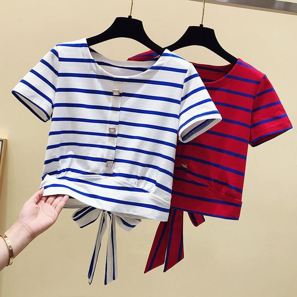 

real s 2021 summer stripe lace style thin women's short-sleeved t-shirt, White