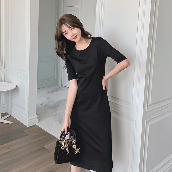

casual dresses houthion women's dress slim solid color round neck comfortable fashion short sleeve korean summer, Black;gray