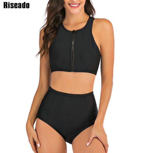 

riseado sport swimwear women 2021 high waisted two-piece swimsuits black bikinis zipper bathers bathing suits summer beach, White;black