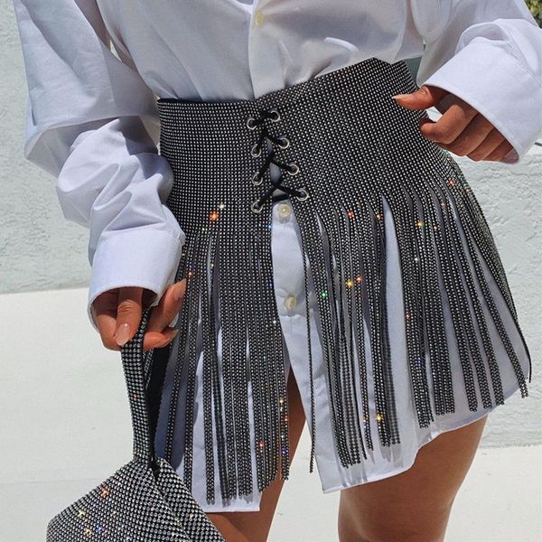 

skirts 2021 women club sequins rhinestone tassel ladies sparkly diamond bandage high waist mini party skirt silver gold, Black