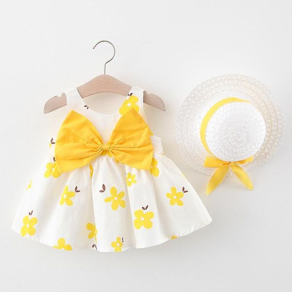 

girl's dresses summer dress toddler baby kids girls bowknot floral printed suspenders hat set princess girl clothes 2021, Red;yellow
