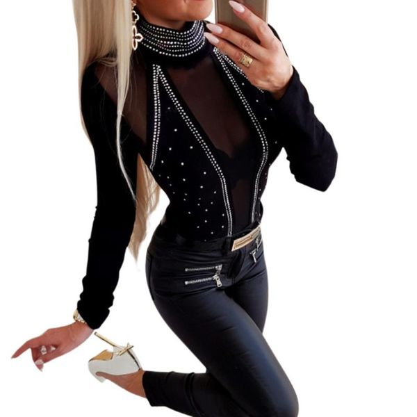 

tshirts women mesh long-sleeved t-shirt spring lugentolo summer fashion diamonds slim shirt women's, White