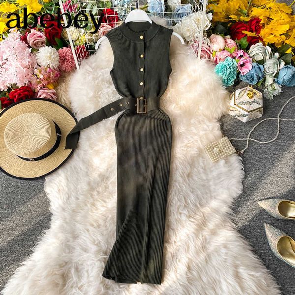 

summer women knit dress single breasted slim belted sleeveless ladies vintage solid knitting dress 210715, Black;gray