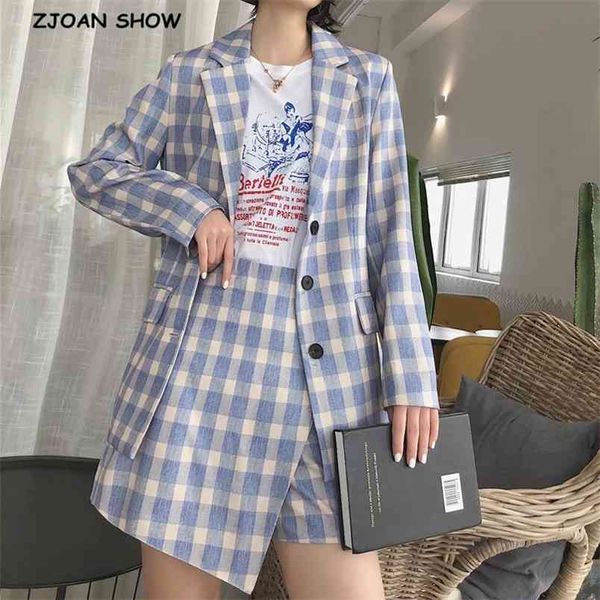 Boyfriend-Stil Blau Weiß Gingham Plaid Print Blazer Hohe Taille Rock Shorts Hosen Frauen Langarm Anzüge 2 Stück Set 210429