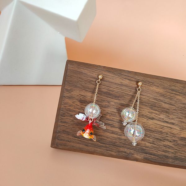 

s925 silver needle fashion earrings female three-dimensional goldfish asymmetric glass ball long tassel