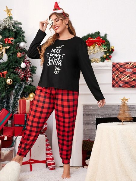 

plus plaid and christmas print pj set h5n8#, Black;white