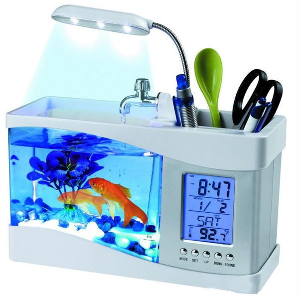 

aquariums usb deskmini fish tank aquarium glass lcd timer clock led lamp light alarm black/white