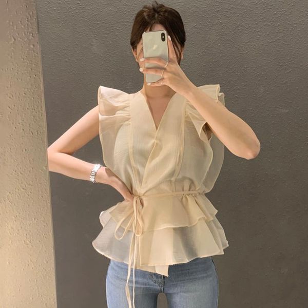 

women's blouses & shirts temperament cross v-neck shirt women summer korean chic ruffle stitching lace-up waist slim fit blouse blusas, White