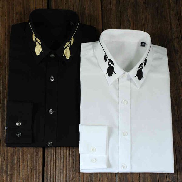

shirt shirt brand business shirts elegant embroidery collar solid slim cotton shirt for men long sleeve plus size 4xl camisas masculina, White;black