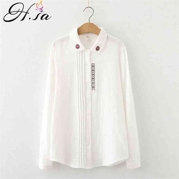 

hsa women spring long sleeve white blouse and shirts turn donw collar floral embroidery sunflower shirt chic 210430