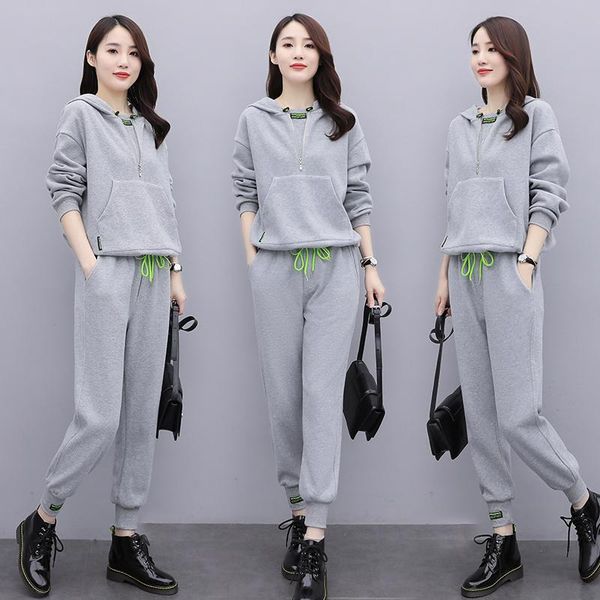 

women's two piece pants fall 2021 simple fashion casual temperament wild trendy comfortable hoodie two-piece set suit, White