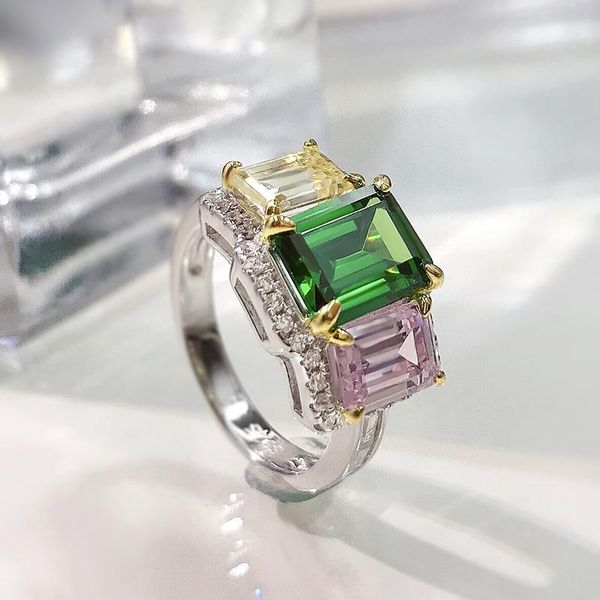 

cluster rings solid 925 sterling silver 10*12mm synthetic emerald citrine pink quartz for women wedding party fine jewelry 2021 gift, Golden;silver