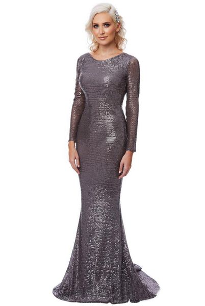 

casual dresses 2021 o-neck blackless sequin long sleeve mermaid sequined maxi dress floor length party gown, Black;gray