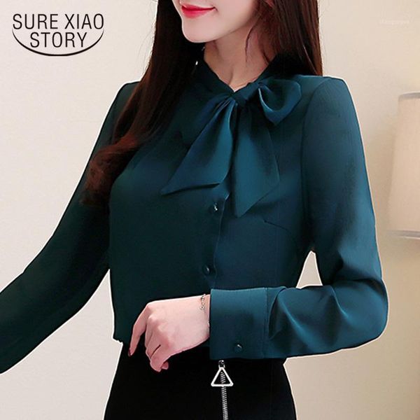 

bow collar office lady shirt womens and blouses blusas mujer de moda 2021 chiffon blouse long sleeve women shirts 2544 50 women's &, White