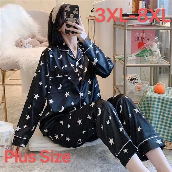 

women satin suit nightgown silk nightie wear home clothes pajamas long loungewear plus size 4xl-7xl 8xl 211103, Black;red