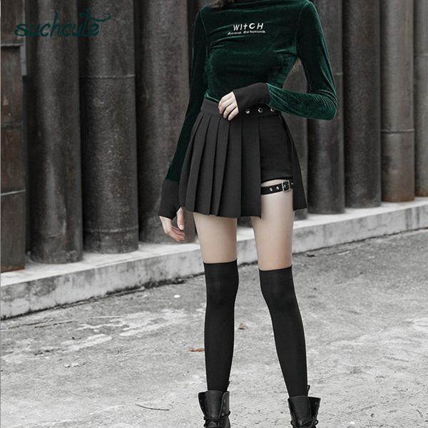 

2021suchcute gothic high waist women pleated mini skirt with short ribbons a-line skirts streetwear solid female party outfits, Black