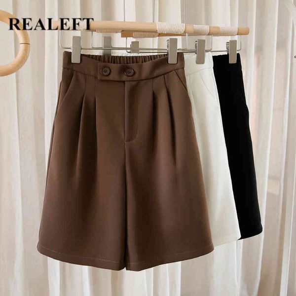 

women suit half pants summer buttons high waist chic wide leg pant elegant loose knee length trousers pocket 210428, Black;white