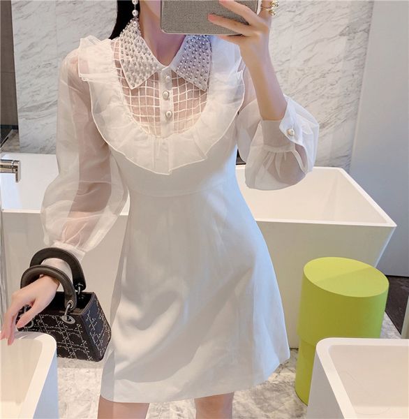 

zawfl lace shirt dress nail bead women's dresses autumn hollow skinny fashion turndown collar botton sukienka robe femme 210525, Black;gray