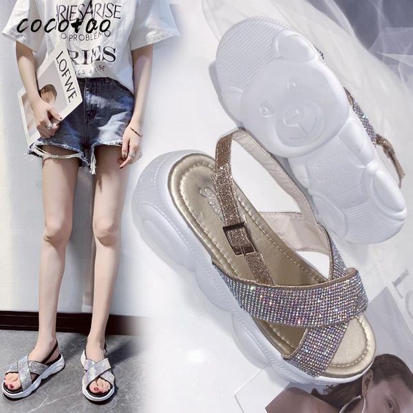 

dress shoes 2021 sandals female fairy wind thick bottom muffin cross rhinestone summer comfortable super fire ins fashion, Black