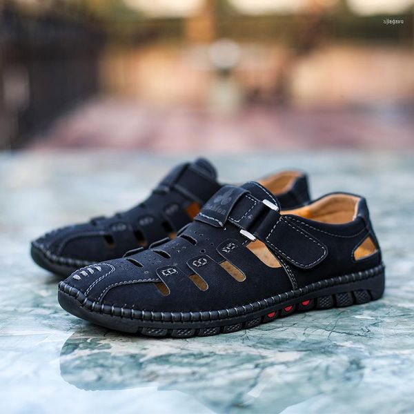 

sandals 2021 summer shoes men soft leather men's casual male non-slip11, Black