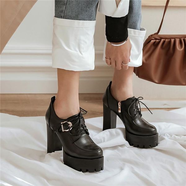 

dress shoes ymechic spring 2021 lace up black heels buckle strap punk platform woman super high block heel pumps brown gladiator shoe