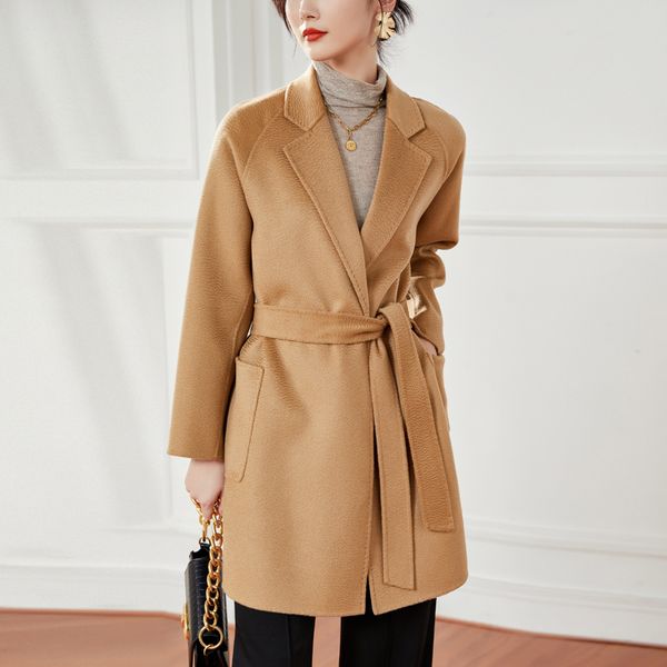 Cappotto da donna in lana doppio cashmere, collo rovesciato, maniche lunghe, capispalla moda casual con cintura