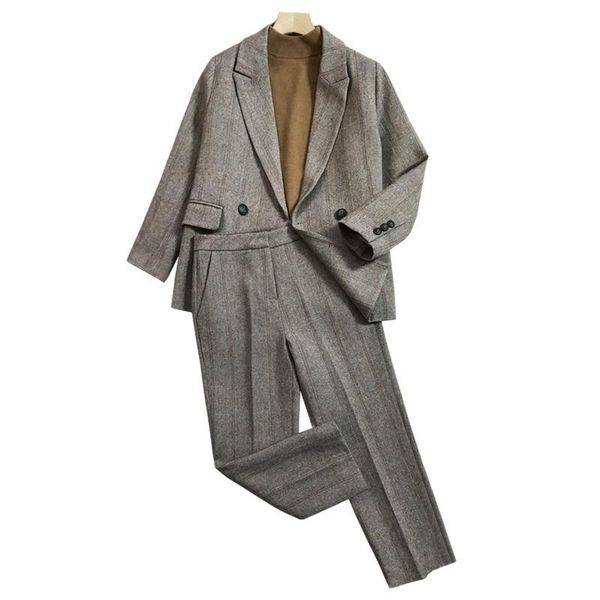 

suit set women 2021 autumn winter formal wear casual retro temperament slim coat pants professional 2-piece 96 women's two piece, White