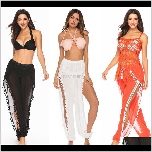 

swimwear clothing apparel womens beach split loose chiffon wide leg solid color tassel beam pants casual trousers drop delivery 2, White;black