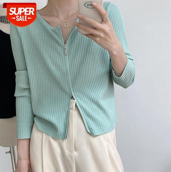 

zhi chenxi net red double zipper pure color knitted cardigan women ins base outer wear sweater yl839 #wm41, Black;gray